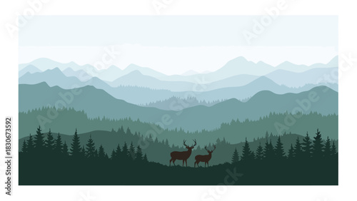 Serene mountain landscape illustration with layered misty hills and a dense pine forest, featuring two majestic deer silhouetted in the tranquil wilderness vista