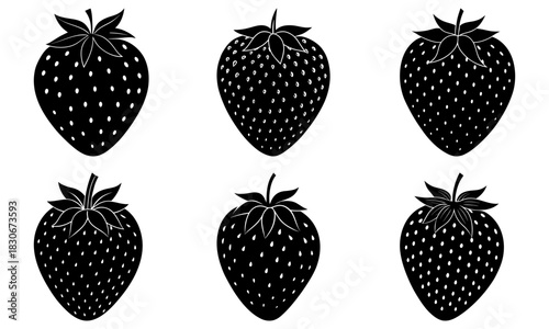 Fresh juicy strawberries! Black and white icon set for summer recipes, healthy eating, organic farm logos, and trendy food designs brings a vibrant touch