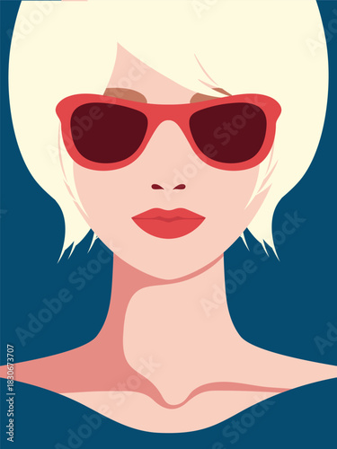 Poster with a beautiful woman with short blonde hair and sunglasses. Female portrait. Vector illustration