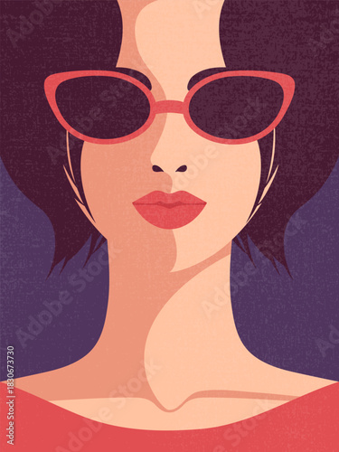 Poster with a beautiful woman with short black hair and sunglasses. Female portrait. Vector illustration