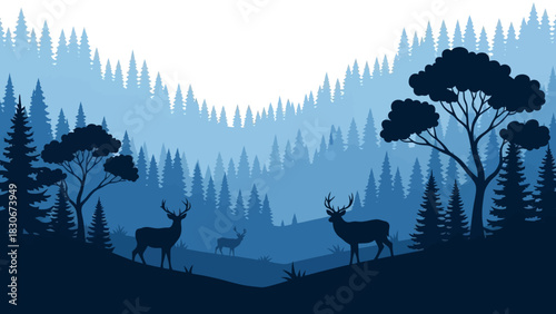 A serene panoramic landscape of a misty blue forest valley with silhouettes of majestic wild deer