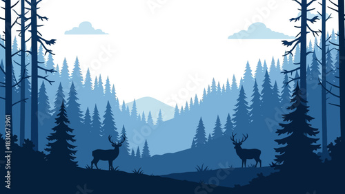 Serene Blue Forest Landscape Illustration with Majestic Deer Among Towering Pine Trees and Distant Mountains