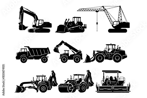 Collection of diverse heavy construction vehicles, featuring essential industrial machinery like excavators, bulldozers, and cranes, symbolizing robust engineering and infrastructure concepts