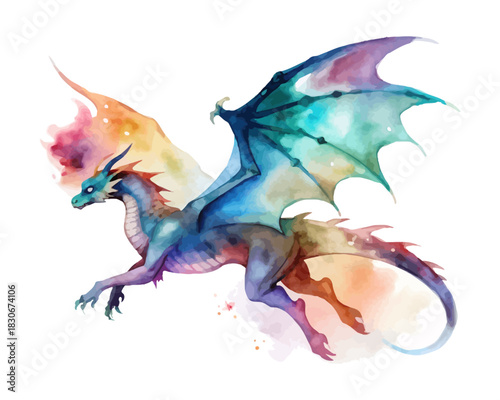 Flying Dragon Watercolor Dragon Year 2026 vector illustration isolated on white background