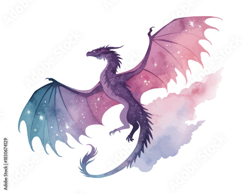Flying Dragon Watercolor  illustration isolated on white background