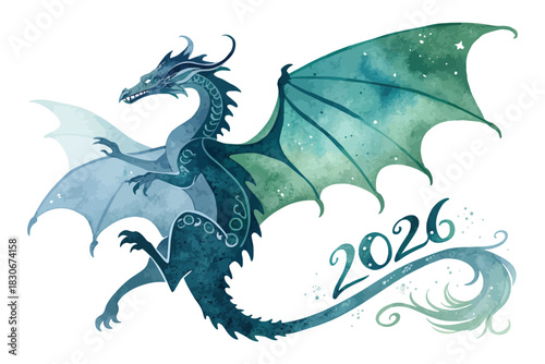 Flying Dragon Watercolor Dragon Year 2026  isolated on white background