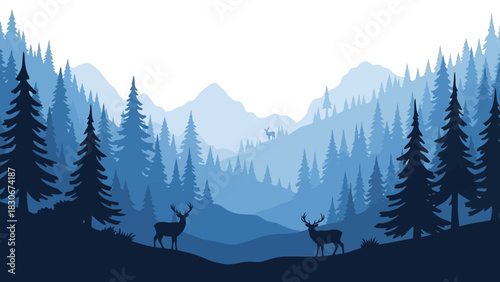 Serene blue mountain scenery with silhouetted deer in a layered pine forest vector landscape illustration