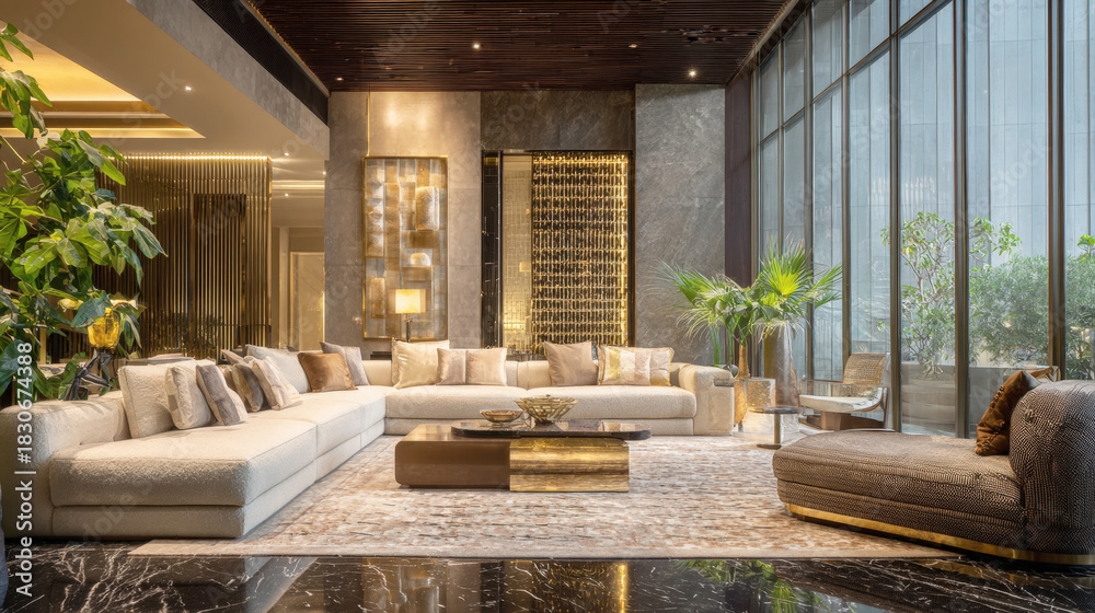 Obraz premium Opulent and modern hotel lobby or luxury apartment living room interior design with large sectional sofa, marble floor, and floor-to-ceiling windows. High-end architecture
