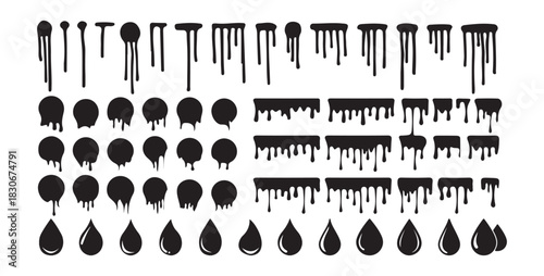 Black Dripping Paint and Liquid Drops Stain Splash Elements Vector Art Set