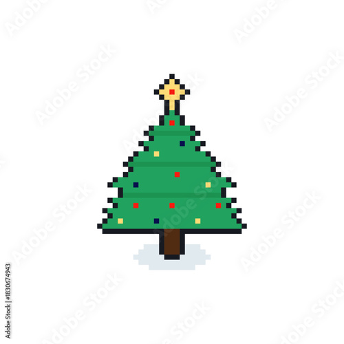 Retro 8-bit decorated pixel Christmas tree icon in vintage game style. Festive pixel graphics perfect for gaming projects and seasonal winter designs.