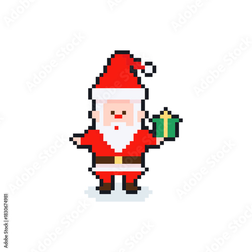 Retro 8-bit pixel Santa character in vintage game style. Festive pixel graphics perfect for gaming projects and seasonal winter designs.
