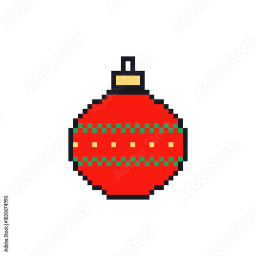 Pixel art Christmas bauble with dotted ornament. Retro 8-bit style holiday decoration featuring festive pixel graphics perfect for gaming projects and seasonal designs.