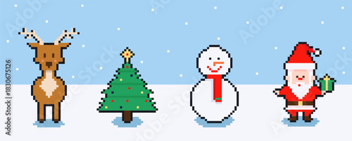Retro 8-bit pixel Christmas landscape with Santa, reindeer, snowman, and decorated tree in vintage game style featuring holiday icons and snowy winter scene.