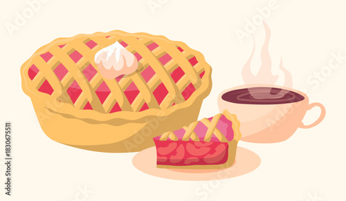 Cartoon Color Cup of Tea and Apple Pie Set Sweet Baked Pastry Concept Flat Design Style. Vector illustration