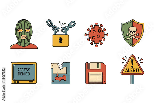 data security risk and digital threat alert icons