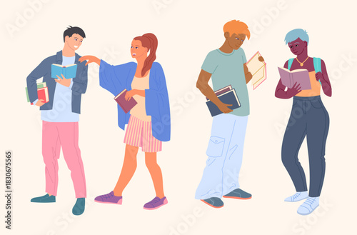 Cartoon Color Characters People Readers Couple with Books Set Literature for Knowledge or Hobby Concept. Vector illustration