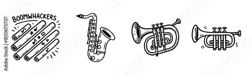 Cartoon musical instruments: boomwhackers, saxophone, trombone, trumpet drawings