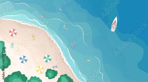 Cartoon Color Beach Background with People Top View Coast Landscape Scene Concept Flat Design Style. Vector illustration