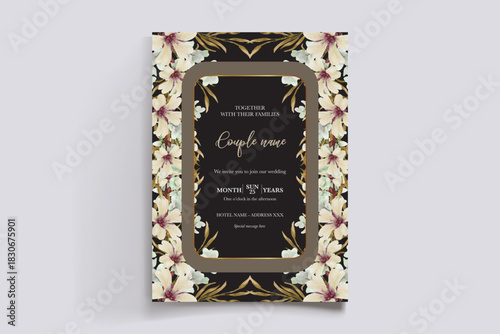 WEDDING INVITATION FRAME WITH FLOWER DECORATIONS AND FRESH LEAVES