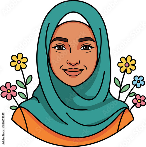 Smiling young Muslim woman wearing a teal hijab, adorned with colorful blooming flowers.