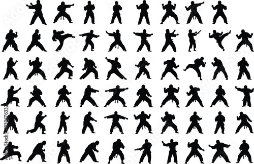 Large Collection of Black Silhouette Karate and Martial Arts Figures in Dynamic Kicking, Punching, and Fighting Stances, Representing Combat Sport and Self-Defense