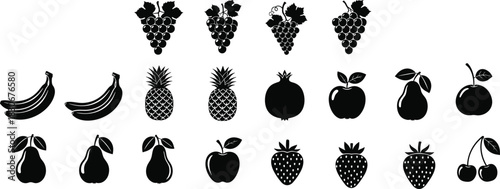 Black Silhouette Collection of Fruits Bananas, Apples, Pears, Pineapples, Grapes, Strawberries, Cherries, and Pomegranates, Representing Healthy Food and Produce