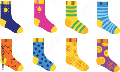 Colorful Patterned Socks Vector Set Featuring Stripes, Sunbursts, Polka Dots, Zigzags, and Swirls in Bright Colors for Fun Fashion Apparel.