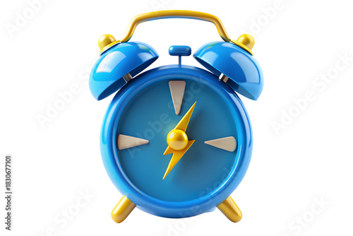 Cartoon alarm clock with a lightning bolt instead of hands, symbolizing an instant event. 3d rendering of a blue and gold retro clock. [144]