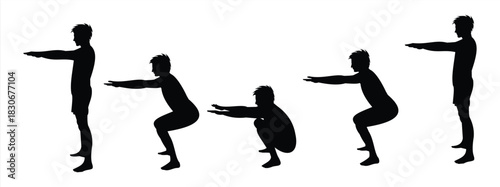 Black vector silhouette of a young man showing a crouching position to the left isolated on a white background