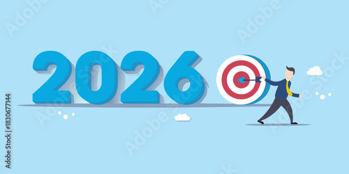 Business target 2026 businessman hitting bullseye for future success