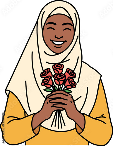 Smiling woman in hijab holding a bouquet of red roses, expressing happiness.