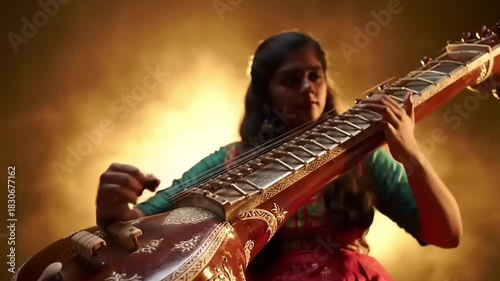 Girl playing veena with Indian classical music.