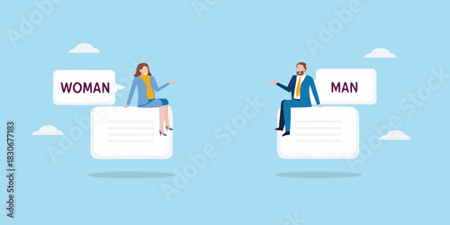 Gender representation woman and man sitting on data blocks in the sky