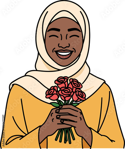 Smiling woman in hijab holding a bouquet of red roses, expressing joy.