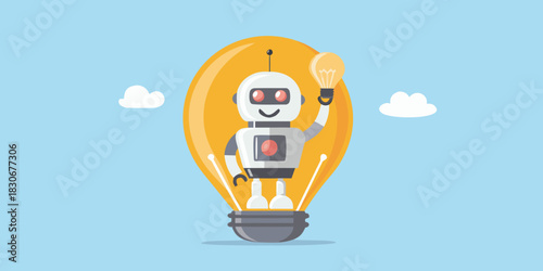 Robot inside light bulb holding smaller bulb with clouds