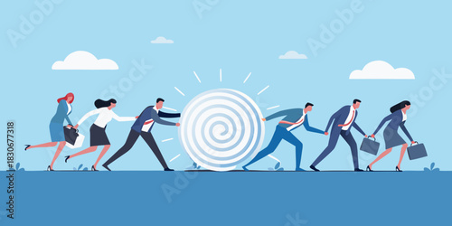 Teamwork and collaboration business people pushing a large target together forward