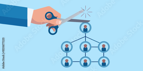 Organizational restructuring illustration hand with scissors cutting top of hierarchy