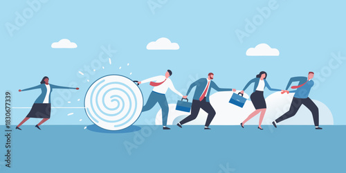 Business people chained to a burden striving for freedom and success