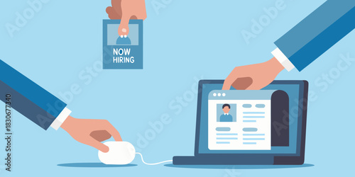 Online recruitment process with hands reviewing resume and job applications on laptop