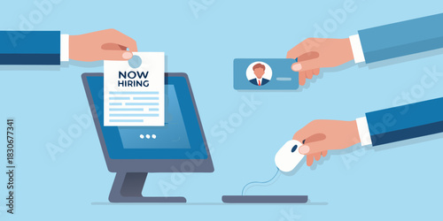 Online recruitment process with computer mouse id card and now hiring sign