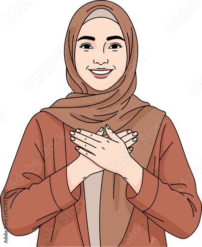 Smiling woman wearing a hijab and a brown jacket, with hands crossed over her chest in a gesture of respect or gratitude.