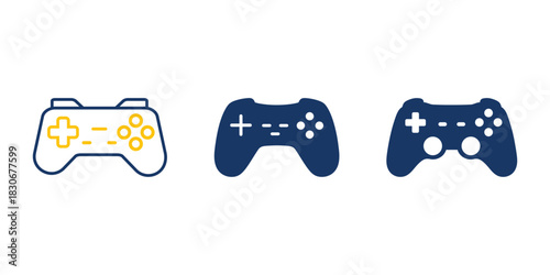 Set of gaming controller icons in outline and solid styles, representing video game control pads, console gameplay interfaces, and digital entertainment