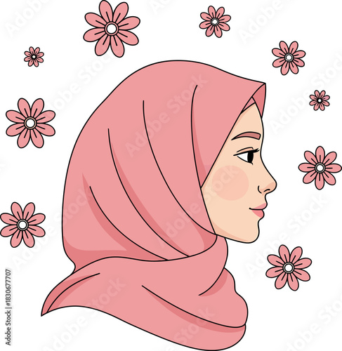 Side profile illustration of a serene young woman in a pink hijab with floating pink flowers.