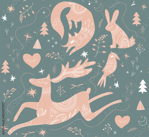 Scandinavian winter night Animals colourful pattern