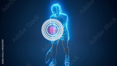 Conceptual 3D illustration of a tennis woman with tennis elbow