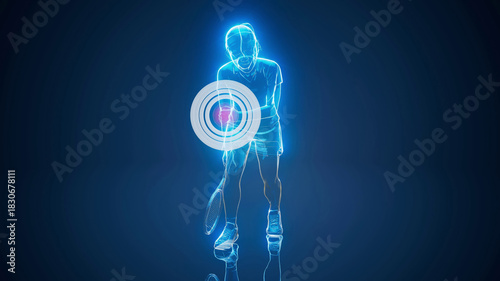 Conceptual 3D illustration of a tennis woman with tennis elbow