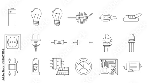 Eighteen Line Art Icons of Electrical and Electronic Components in a Grid