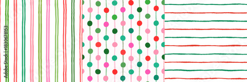 Cute Christmas vector seamless patterns with vertical and horizontal stripes and dots in red, green and pink colors for wrapping paper and backgrounds