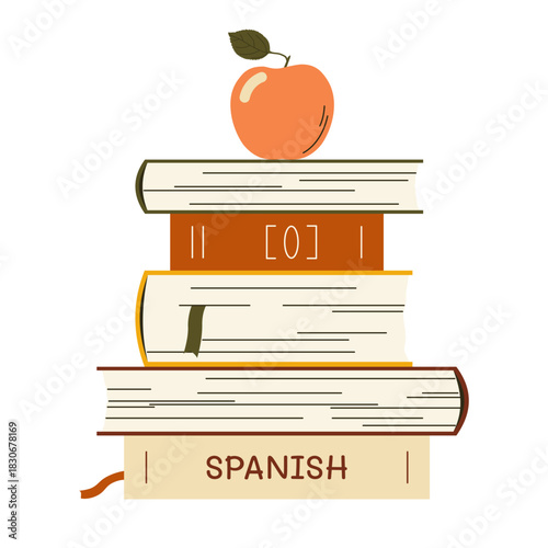 Stack of books with an apple on top. Vector illustration