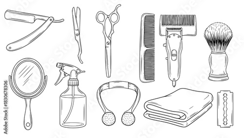 Set of Eleven Black Outline Barber and Hairdressing Tools on White Background